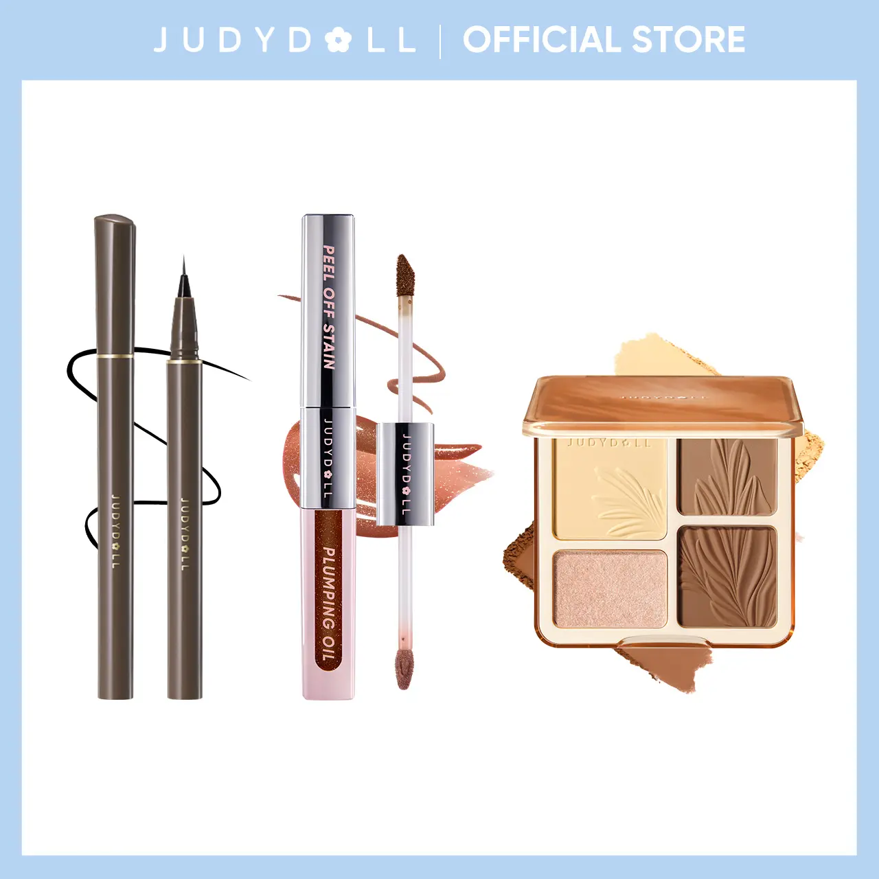 [DAUS MEGALIVE] JUDYDOLL 3Pcs Full Face Makeup Set, Ultra-Fine Liquid Eyeliner, 2 in 1 Highlight & Contour Palette, Peel Off Lip Stain and Plumping Oil Duo, All-in-One Cosmetic Kit