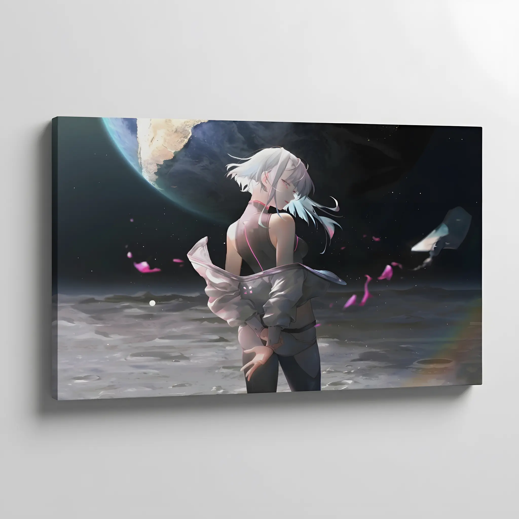 Anime Cyberpunk Edgerunners Poster Lucy on the Moon Canvas Wall Art Sci-Fi Aesthetic Landscape Horizontal Framed Print Multi-Purpose Wall Decor for Bedroom Living Room Gamer Room Dorm Gift Idea Tribute Artwork Home Decor