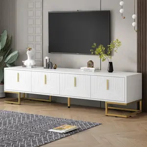 Modern 80-in TV Stand with Metal Legs, Gold Handles, Cabinets, Adjustable Shelves, Geometric Lines, TV Shelf Media Console Table, Luxury Indoor Living Room Furniture, White, Adjustable Shelf