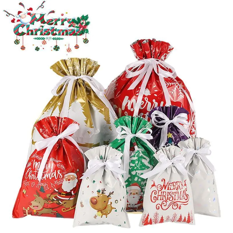 24 Christmas Gift Bags with Ribbons, Party Favor Bags with Drawstrings, Holiday Gift Wrapping Supplies Set, Festive Packaging Accessories Gift Sets