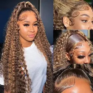 Subella Hair Hidden Strap 360 Lace Wig Invisi Strap Water Wave P4/27 Highlight HD Transparent Lace Front Wigs Ombre Human Hair Wet and Wavy Curly  Lace Frontal Wigs Pre Plucked with Baby Hair
