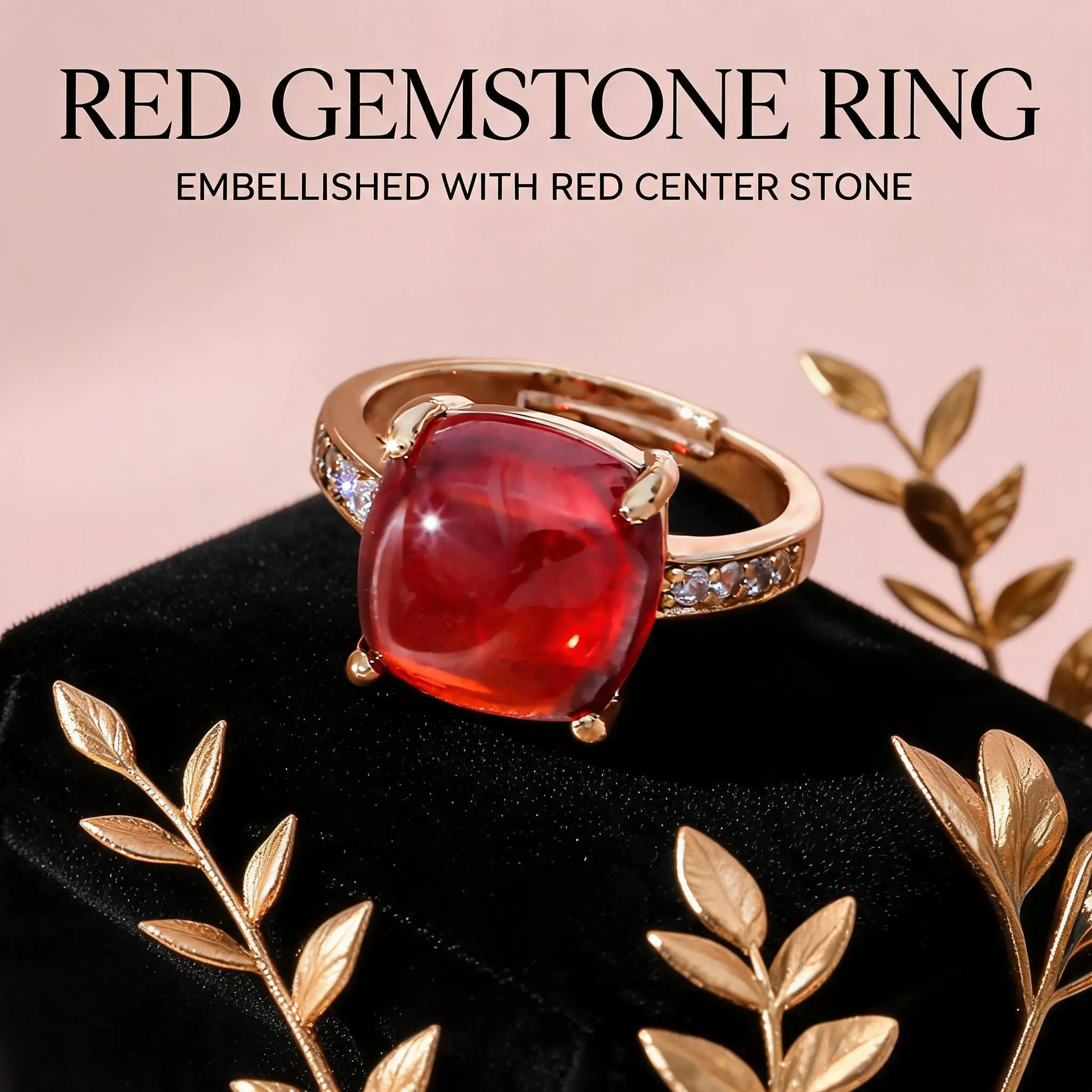Cushion Cut Red Crystal Ring | Trendy Adjustable Red Gem Ring  | Luxury Red Crystal Statement Ring | Timeless Evening Wear Jewelry | Anniversary Jewelry: Gold Tone Red Gem Cushion Cut Ring