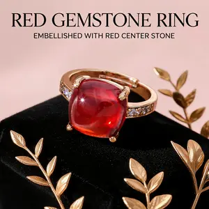Cushion Cut Red Crystal Ring | Trendy Adjustable Red Gem Ring  | Luxury Red Crystal Statement Ring | Timeless Evening Wear Jewelry | Anniversary Jewelry: Gold Tone Red Gem Cushion Cut Ring
