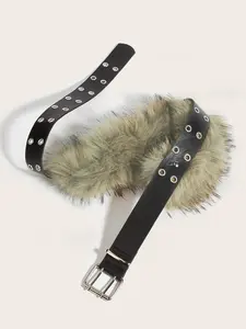 Women's Punk Style Faux Fur Belt, Asymmetric Design Patchwork Waist Accessory, All-Season Fashionable Leather Belts for Women, Trendy Belt, Statement Belts