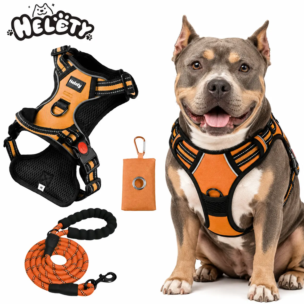 Helety No Pull No Choke Dog Harness & Lead Set - Orange Multi-Size Heavy Duty Tactical Vest with Front & Back D-Rings, 3-Sec Quick Fit, Reflective Safety, Rope Leash, Poop Bag Holder for Outdoor Use bungee jumping durable perfect night shock-absorbing soh