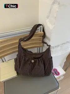 Plaid drawstring large capacity crossbody bag | Lightweight waterproof fabric+plaid print, drawstring pleated design+adjustable shoulder strap, suitable for daily commuting, short trips, school wear and books, lazy single shoulder tote bag with American r