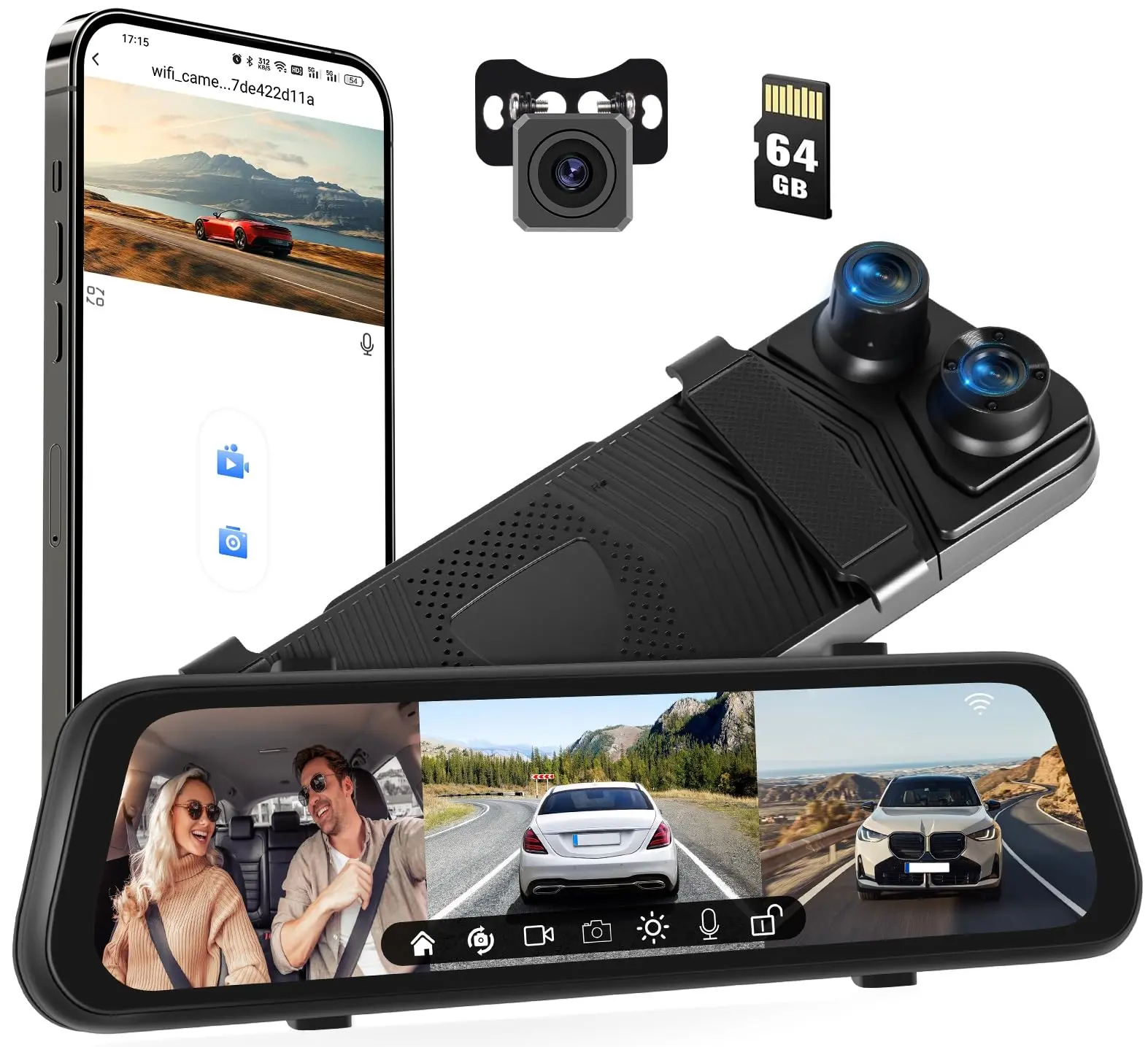 3 Channel 1080P Rear View Mirror Camera with WiFi, 9.66