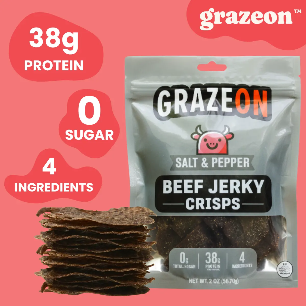 GrazeOn Salt and Pepper Beef Jerky Crisps - 2.0 oz Air-Dried Crunchy Healthy Protein Snacks, No Sugar, All-Natural, Keto-Friendly, Paleo-Approved Beef Jerky Snack Ideas