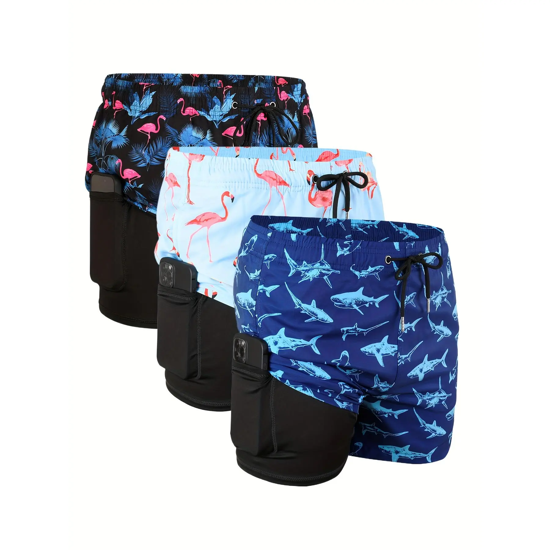 Men's 3-Piece Swim Trunks with Compression Lining - Summer Beach Swimming Trunks for Men, Men's Swim Trunks