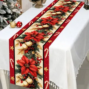 Christmas Table Runner 30x180 Cm, Light Base with Block Edges, Santa Snowman Elf Designs, Festive Holiday Decor