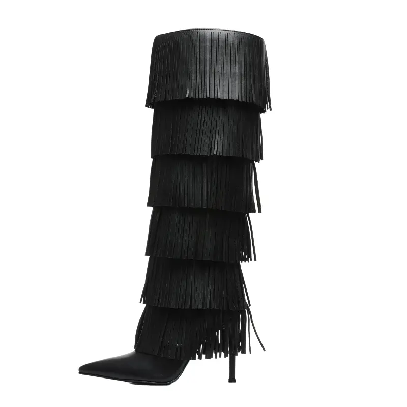 Women Black Tiered Fringe Over-the-Knee Boots Pointed Toe Stiletto High Heels Winter Fashion Party Boots