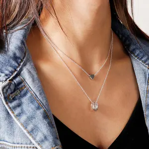 Stacked Circle Heart Necklace Double Layer Clavicle Chain Length Adjustable Women's Jewelry
