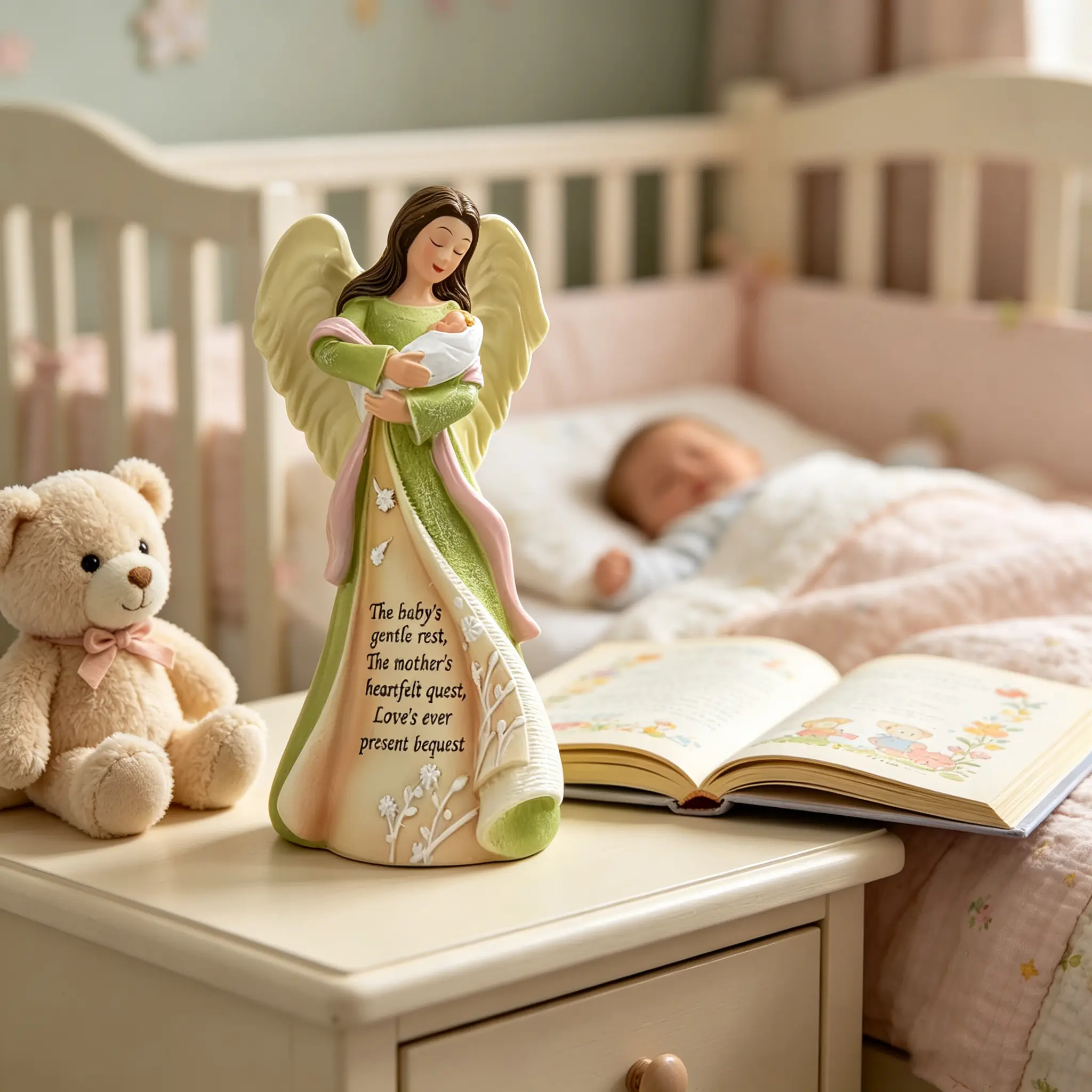 Sangeren Hand-Painted Resin Guardian Angel Figurine - 5in Mother and Baby Religious Statue, Sentimental Motherhood Keepsake, Baby Shower Gift for New Moms, Nursery Bed & Tabletop Home Decor, Christening Ornament, Decor Accessories