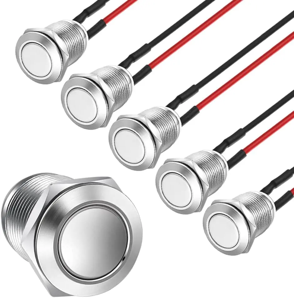5 count 12mm 2A 12V/24V/125V/250V AC Prewired  Push Button Momentary Stainless Steel Push Button On Off (Flat )