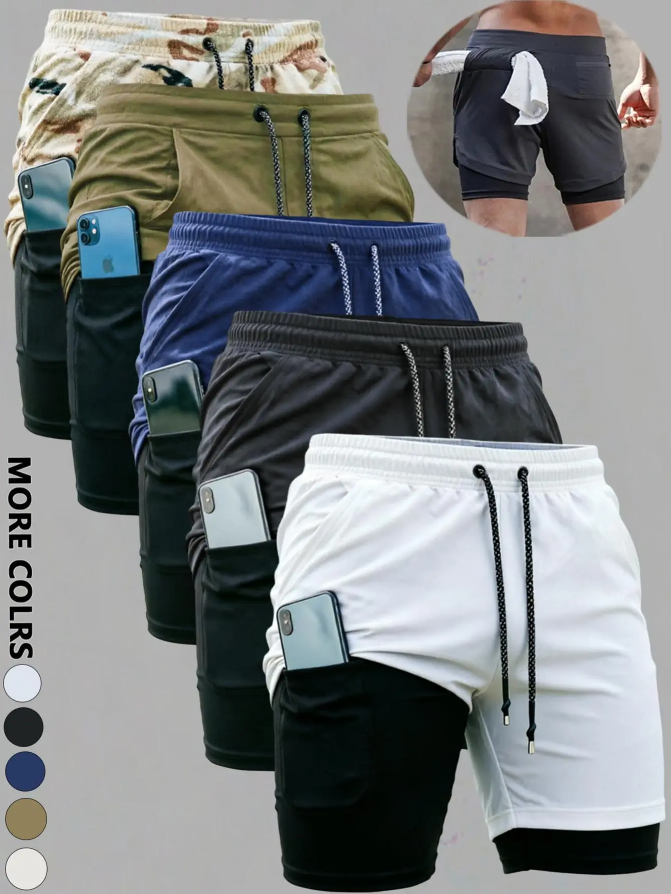 Men's 5-Pack Active Gym Shorts, 2-in-1 Double Layer High-Stretch Design with Inner Pocket for Workout & Training, Athletic Shorts, Men's Shorts,clothes for back to school,first day of school outfits