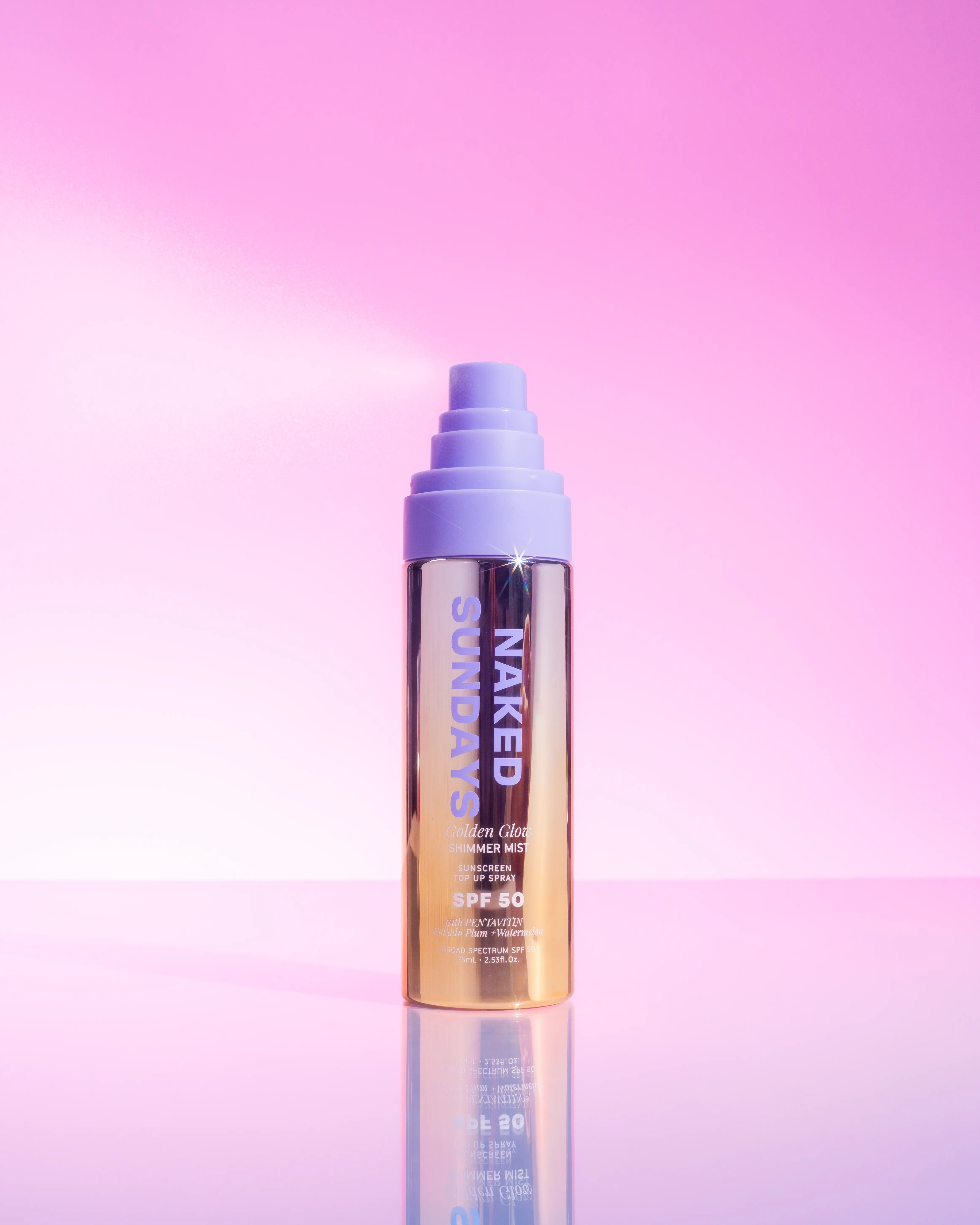 Naked Sundays SPF 50 Golden Glow Shimmer Setting Spray – Broad Spectrum UVA/UVB Protection, Shimmering Glowy Makeup Setting Mist for Face and Body, Lightweight Non-Greasy Finish, 75ml
