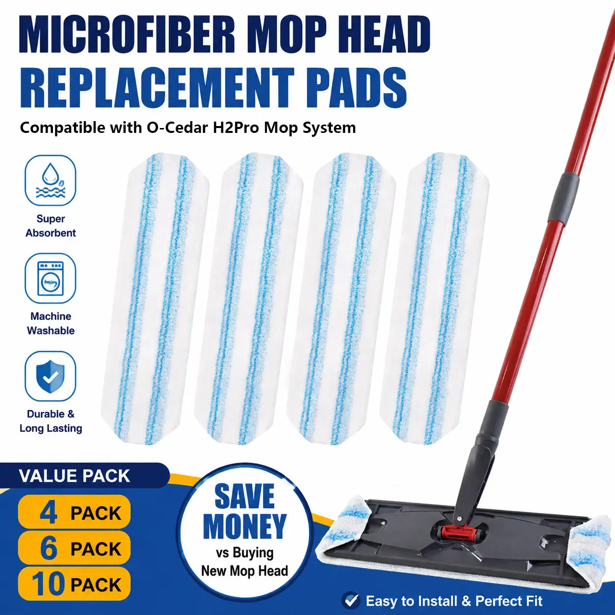 H2Pro Compatible Microfiber Mop Replacement Heads (6 Pack) - Ultra-Soft Fiber, Water Absorbent, Washable Reusable Pads for System Mops, Multi-Surface Wipe for Hardwood & Tile Floors