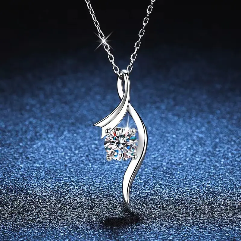 925 Sterling Silver Curve Necklace with 1 Carat Simulated Diamond – Elegant Women’s Pendant Jewelry