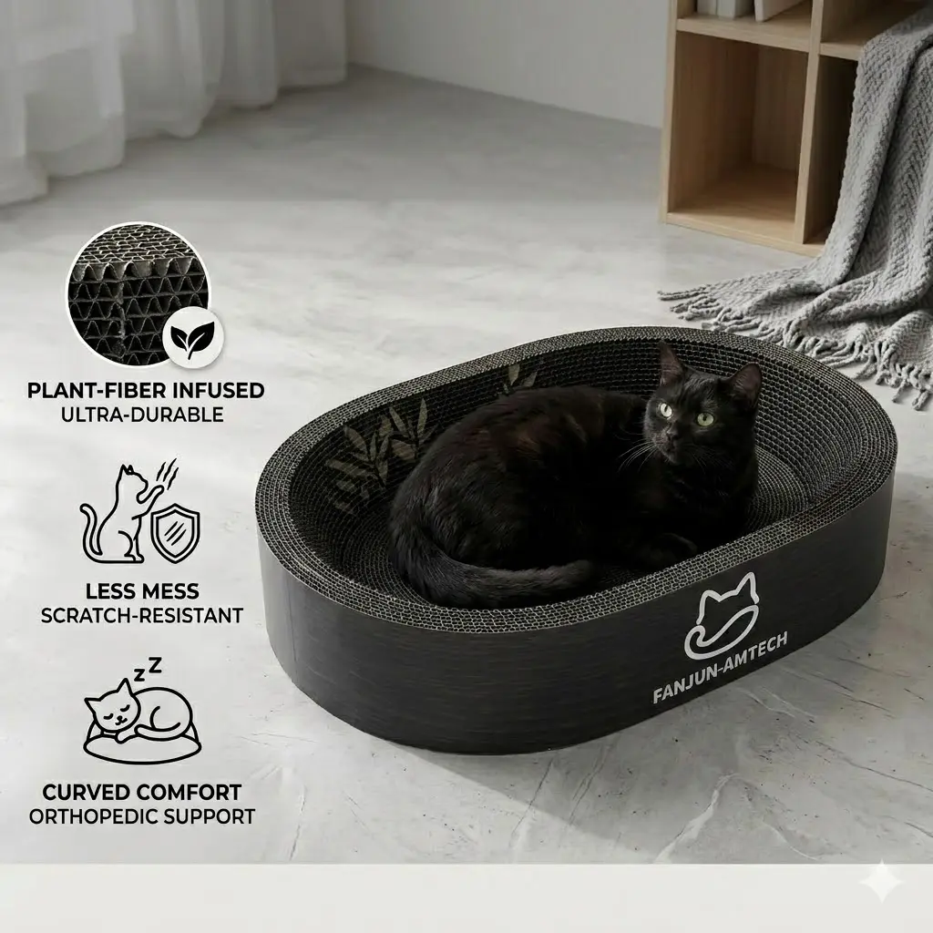 Modern Black Oval Cat Scratcher Lounge, Premium Hardened Cardboard Cat Bed, Elegant 2-in-1 Pet Scratching Pad & Nest for Contemporary Home Decor Cat Furniture cool cat stuff for indoor tiktokshopsummersale