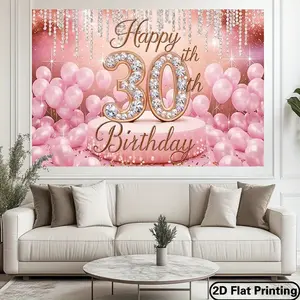 Elegant 30th Birthday Party Backdrop Banner Shiny Pink Balloons & Drip Lights Design Polyester No Power Needed Perfect for Indoor Celebrations Events and Home Decor Birthday Party Ornaments White