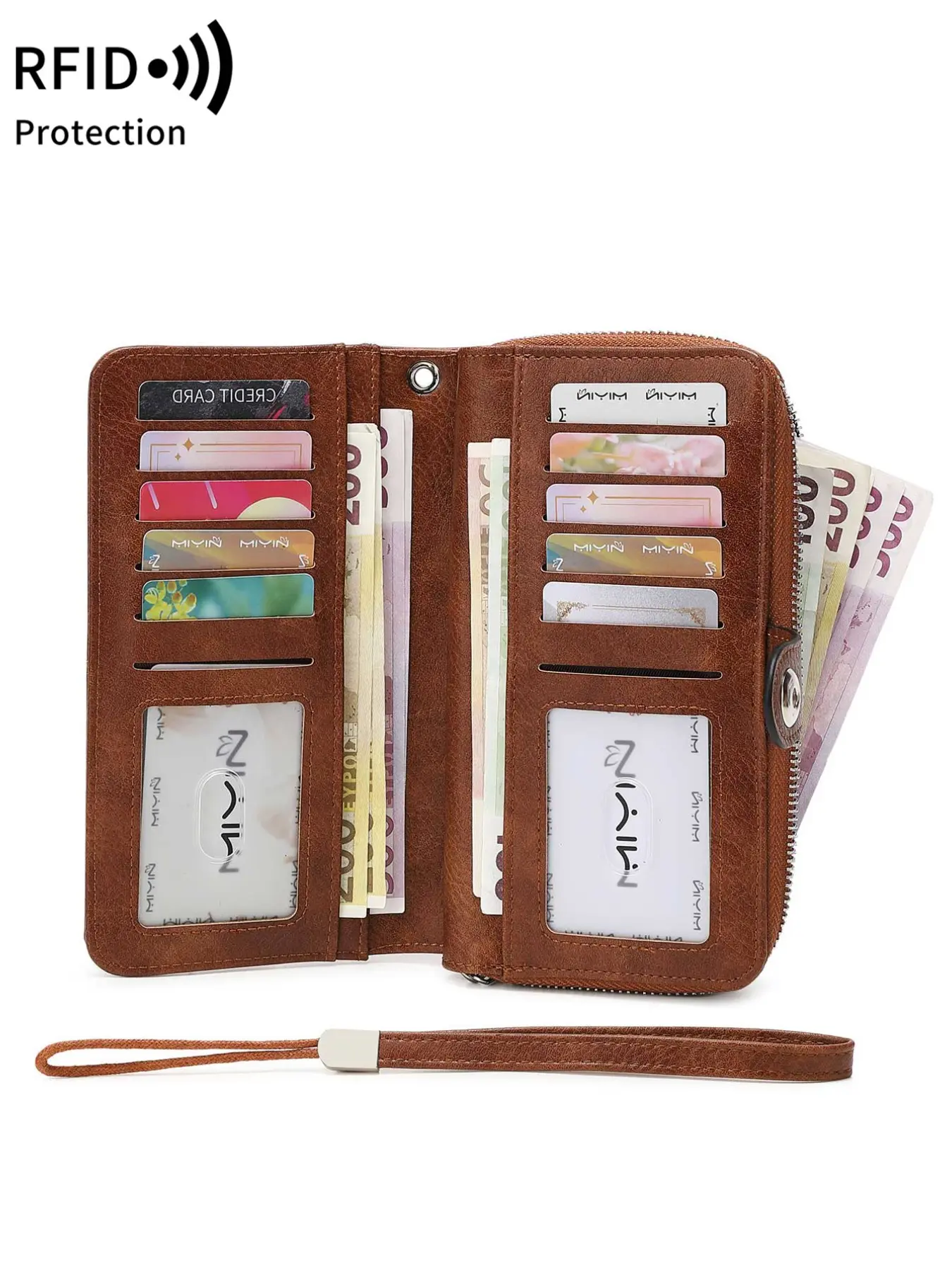 Ladies' PU Leather Retro Large Capacity Long Wallet, RFID Shielded Wallet, RFID Shielding Protection, Multi Slot Multifunctional Ladies' Handbag, With Zipper Compartment, Wallet With Wrist Strap, Stylish And Secure Design
