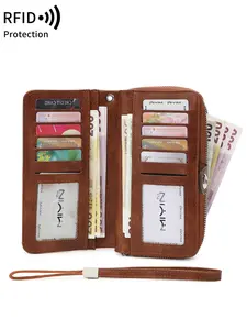 Ladies' PU leather retro large capacity long wallet, Vintage style wallet, RFID shielding protection, multi slot multifunctional, with zipper compartment, wallet with wrist strap, stylish design