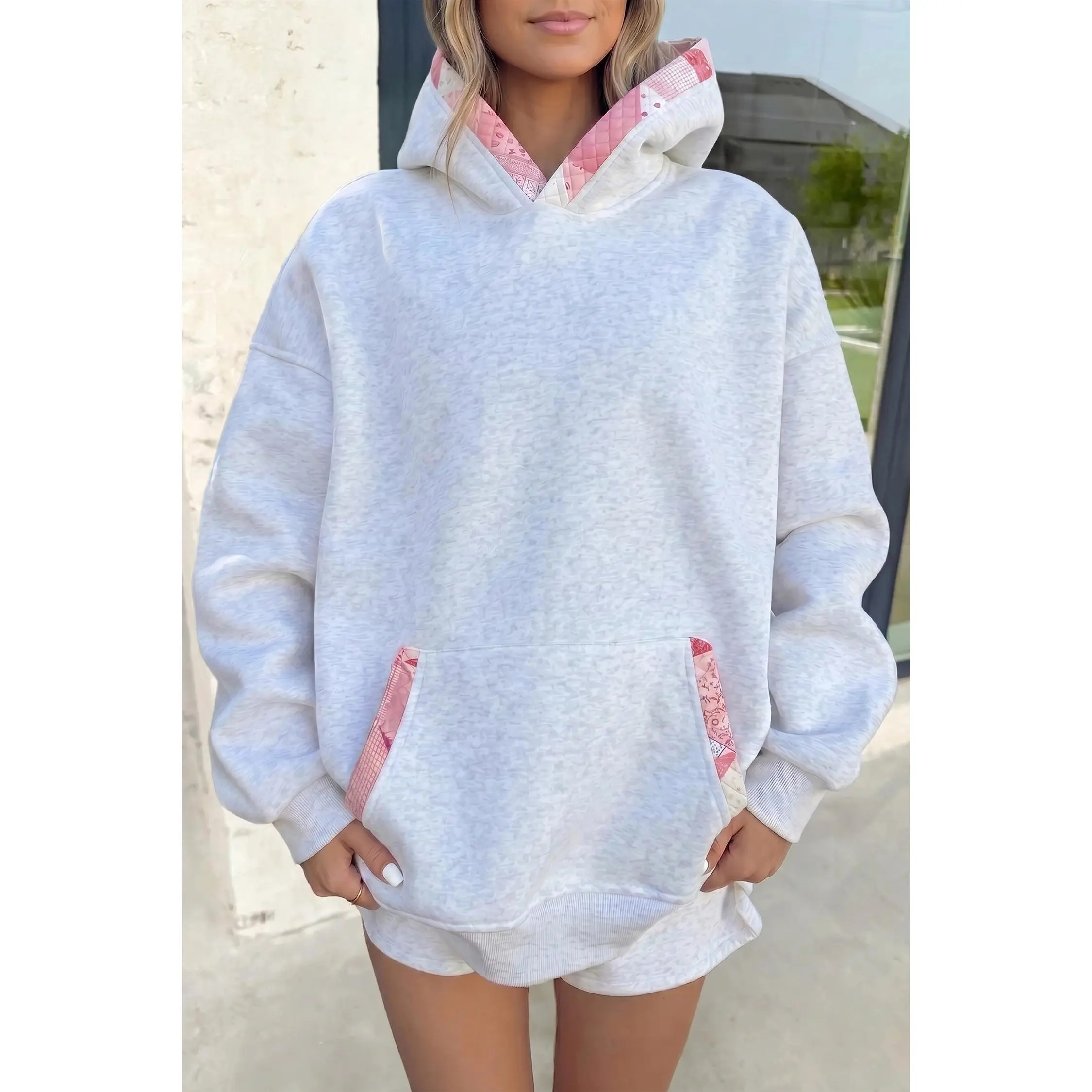 Pearl Grey Gemma Patchwork Quilted Hoodie