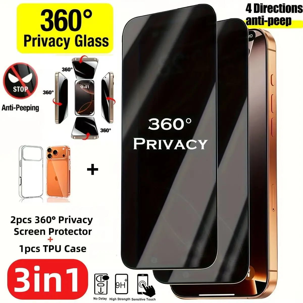 3in1, 2pcs 360 Degree Privacy Screen Protector+1pcs Phone Case TPU Soft Shell, Accessories For iPhone 17 Air/17 Pro Max/17 Pro/17/16/15/14/Plus,Full Coverage Anti-Spy Film, Durable Protector, Anti-Fingerprint,9H Hardness,Easy to Install