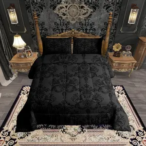 Feelyou Black Digital Print Damask Comforter Set - Breathable Gothic Vintage Floral Bedding Set, Antique Baroque All-Season Down Comforter, Multi-Size Adult Room Decor (No Sheets), Comforters, Bed Comforter Set