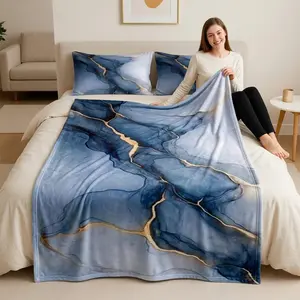 1 piece Blue-gray marble texture with golden crack design themed flannel blanket - All-season flannel blanket, suitable for sofas and beds, super soft and comfortable, modern design, digitally printed pattern, 100% polyester material, machine