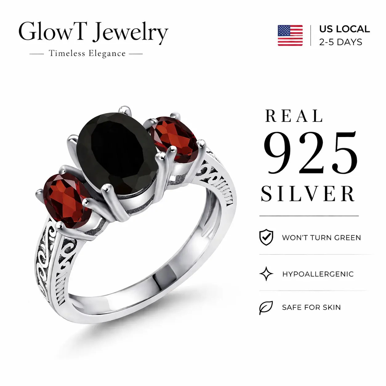 S925 2.73 Cttw Black Onyx and Red Gamet 3 Stone Ring For Women, Sterling Silver Artificial Gemstone Jewelry, Vintage Synthetic Obsidian Ring Wedding Engagement Anniversary Promise Ring For Women