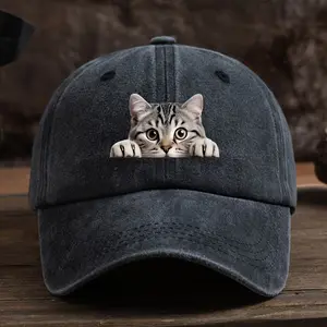 Vintage Washed Baseball Cap with Cute Cat Print, Curved Brim- Textured Fabric, Adjustable, Sun Protective Graphic Trucker Hat