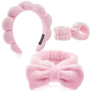 Female 2-Piece Soft Fabric Spa Headband and Wristband Set - Casual Daily Face Care Accessory with Durable Material, Bubble Bows Design for Face Washing, Skincare