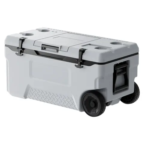 74QT Capacity Portable Rolling Wheeled Cooler - Insulated Hard-Sided, Lightweight Camp Kitchen Gear with Transport Wheels, Cup Holders, 120-Can Hold, Ideal for Picnics & Trips, Fishing