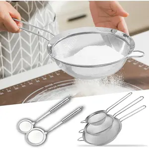 5 Pack Fine Mesh Strainer and Fat Skimmer Spoon Set, Multipurpose Metal Strainers for Kitchen, Rice, Quinoa, Food, 304 Stainless Steel Fat Skimmer For Cooking, Fat, Grease, Floating Foam