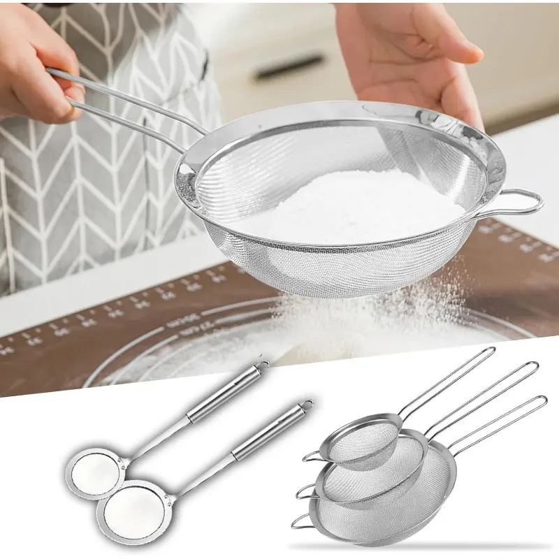 5 Pack Fine Mesh Strainer and Fat Skimmer Spoon Set, Multipurpose Metal Strainers for Kitchen, Rice, Quinoa, Food, 304 Stainless Steel Fat Skimmer For Cooking, Fat, Grease, Floating Foam