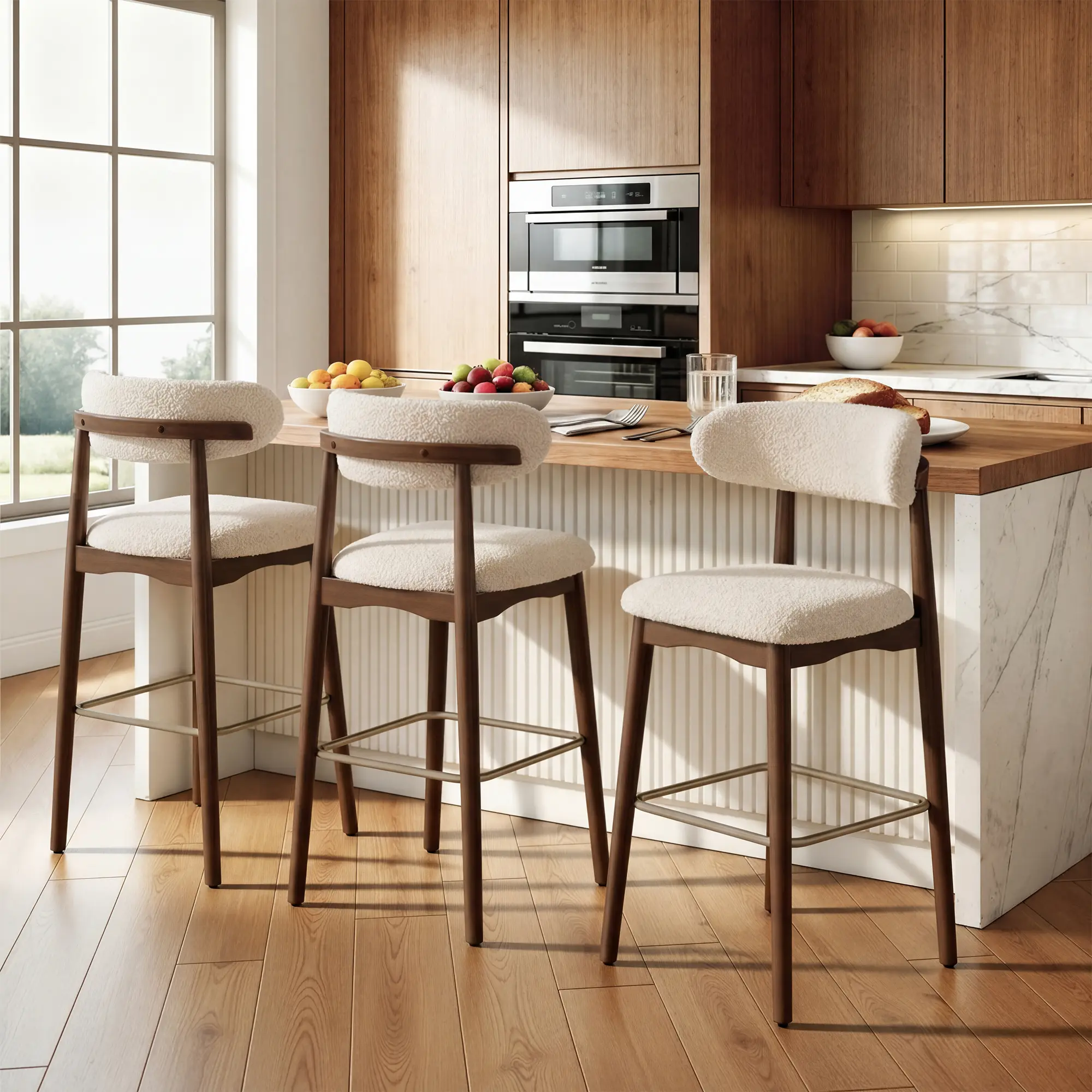 Solid Wood Bar Height Stools Set of 2, Modern Solid Rubberwood Barstools with Ergonomic Backrest & Cushion, Mid-Century Upholstered Kitchen Island Chairs with Footrest for Home Dining Cafe