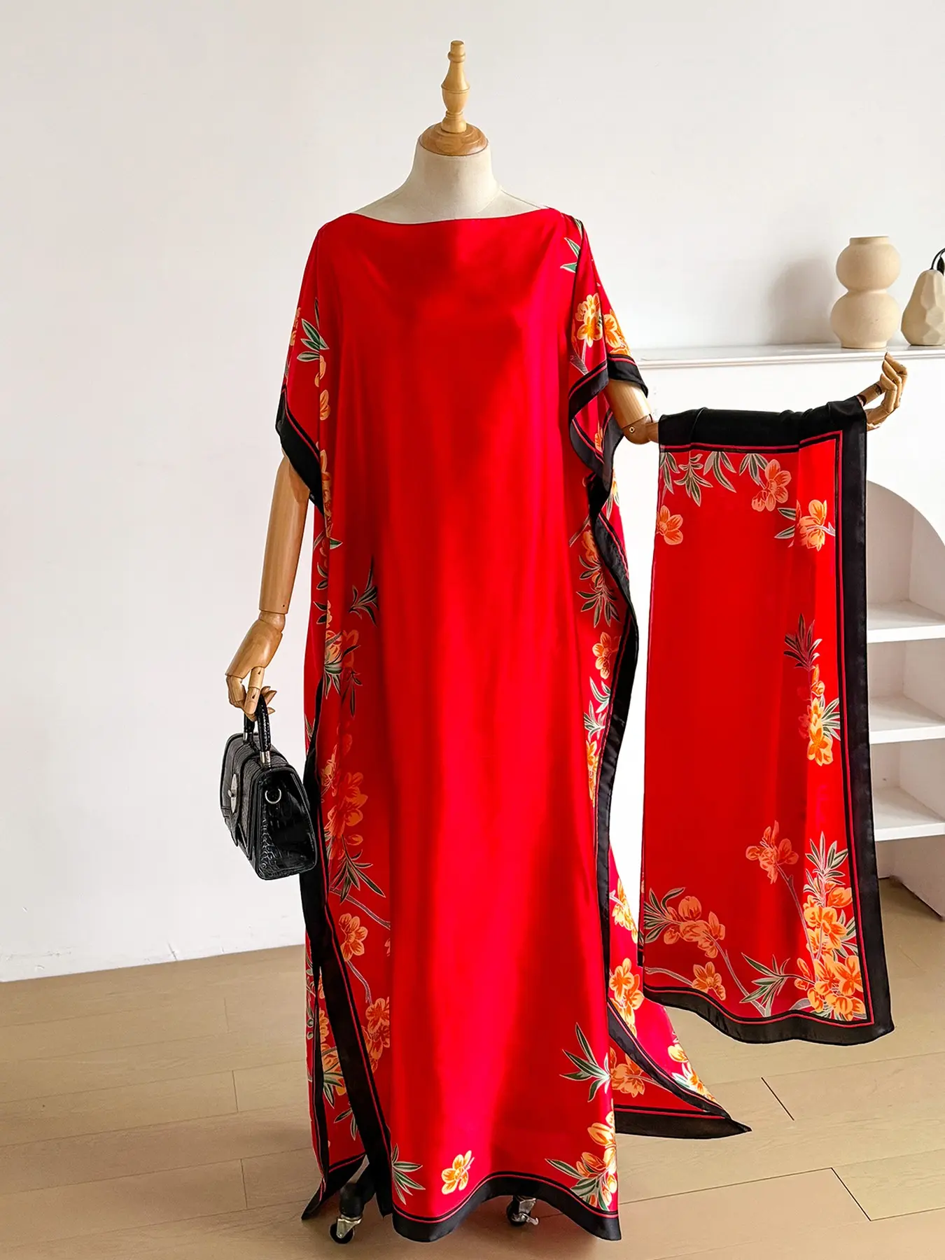Elegant Floral Print Silk Dress Set for Women, Casual Wear Loose-Fitting Long Robe & Scarf, Summer Beach Sun Protection Satin Shawl, Boho Outfits
