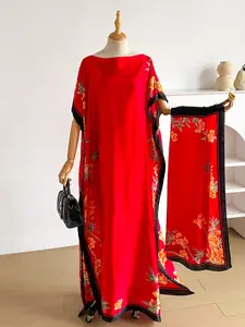 Elegant Floral Print Silk Dress Set for Women, Casual Loose-Fitting Long Robe & Scarf, Summer Beach Sun Protection Satin Shawl