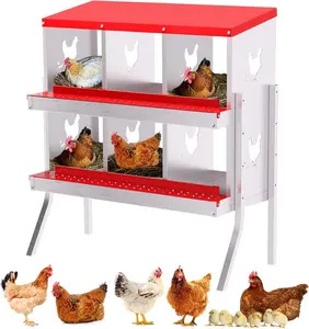 Red Galvanized Steel 6-Hole Nesting Boxes with Legs, Large Vented Roof Wall-Mount Chicken Coop, Rollout Egg Collection Laying Unit for Hens