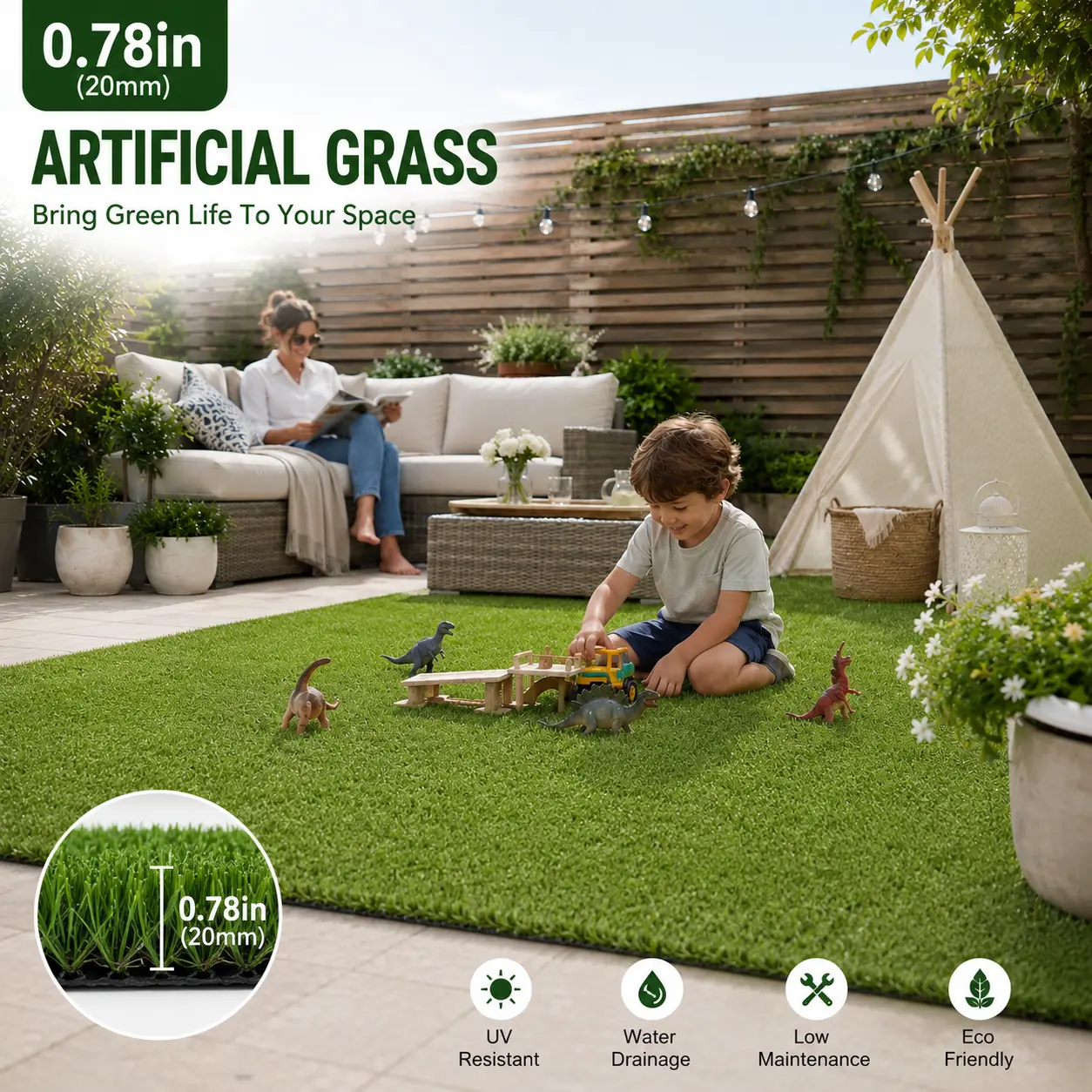 Lay It Once, Use It for Ten Years.（5*10FT-7*20FT ）30 different sizes Artificial Grass Turf, No Mowing Pet Friendly Fake Grass, 0.78in Thick Synthetic Lawn for Backyards, Waterproof UV Resistant Realistic Outdoor Mat for Dogs，No requiere mantenimiento