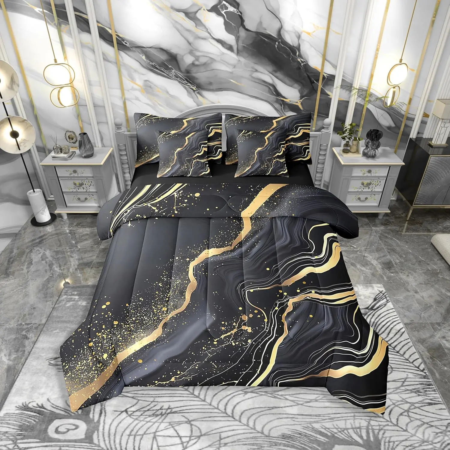 Feelyou Ultra Soft Microfiber Bedding Set - 7-Piece Queen Size Bed-in-a-Bag, Black Dark Grey Abstract Marble Print with Gold Metallic Sequin Accents, Seven Pieces