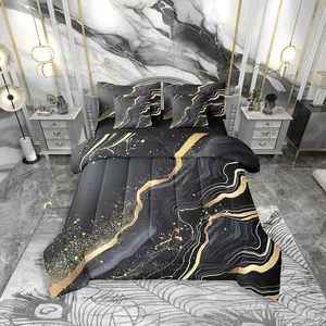 Feelyou Ultra Soft Microfiber Bedding Set - 7-Piece Queen Size Bed-in-a-Bag, Black Dark Grey Abstract Marble Print with Gold Metallic Sequin Accents, Seven Pieces