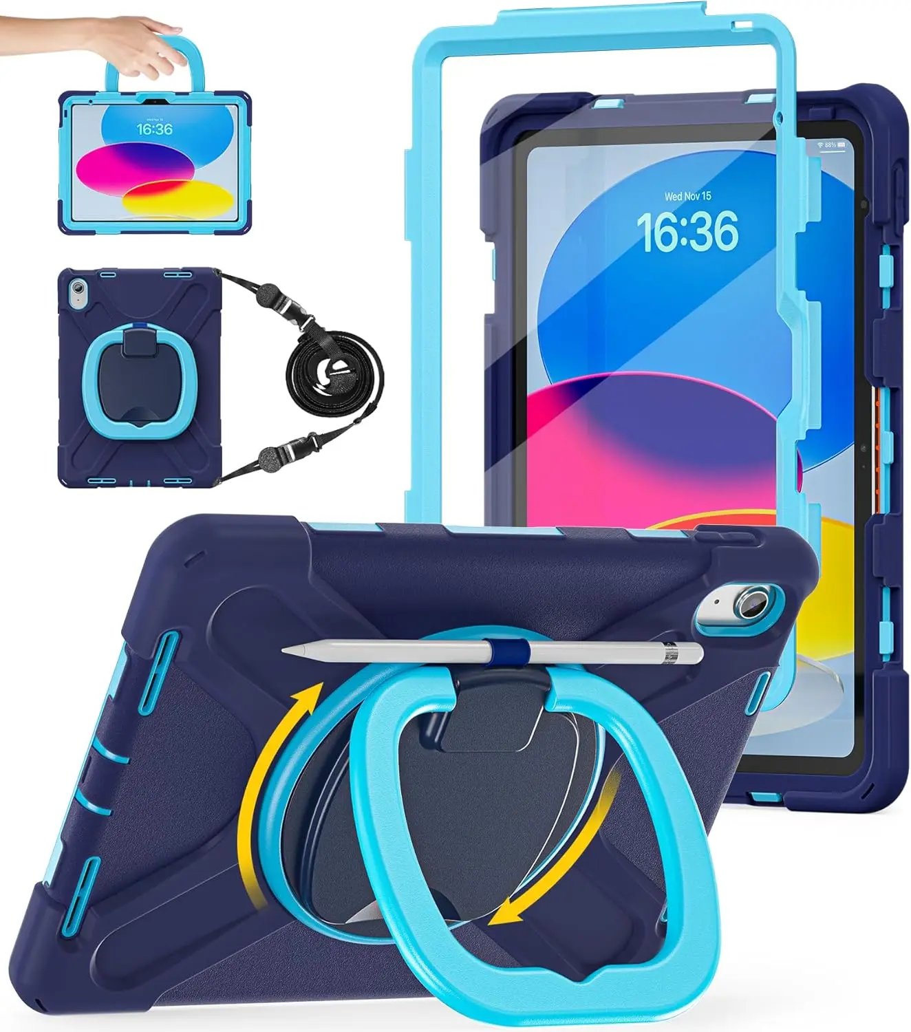 Heavy Duty Shockproof Tablet Case for iPad (A16) 11th/10th Gen 11in/10.9in 2025/2022 - Accessories with 360° Rotating, 180° Foldable Stand, Screen Protector, Shoulder Strap, Pencil Holder | NavyBlue Casing for Protection, Handheld