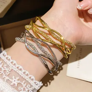 Women's Gold & Silver Tone Cubic Zirconia Twisted Cuff Bracelet - Multi-Layer Open Bangle, Elegant Costume Jewelry for Daily Wear & Special Occasions