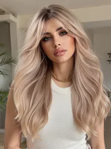 22 Inch Curly Gradient Almond Wig, Pre Cut Wig, Loose Wave Wig, Synthetic Fiber Hair with Bangs, Suitable for Any Occasion, Long Wigs for All Seasons