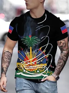 Men's Casual Round Neck Short Sleeve Polyester T-Shirt, Digital Print, Tropical, Light Stretch Knit Fabric, All Seasons, Fitted H-Type, Streetwear