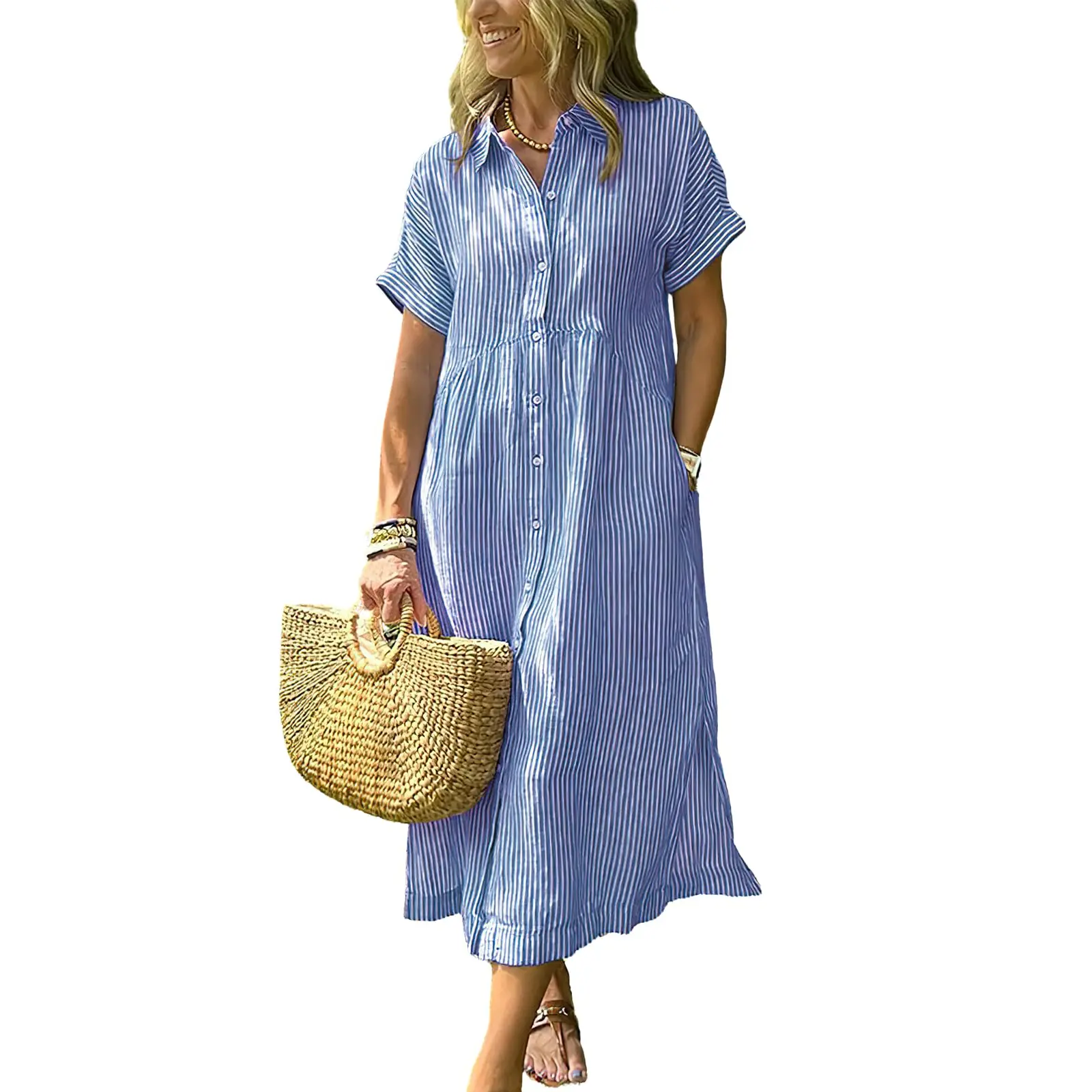 Chouyatou Women's Loose Midi Striped Shirt Dress Bohemian Side Slit Dress with Pockets Office Casual Outfit sundress Summer Breathable bounce dress Chouyatou Women's Loose Midi Striped Shirt Dress Bohemian Side Slit Dress with Pockets Office Casual Outfit sundress Summer Breathable bounce dress