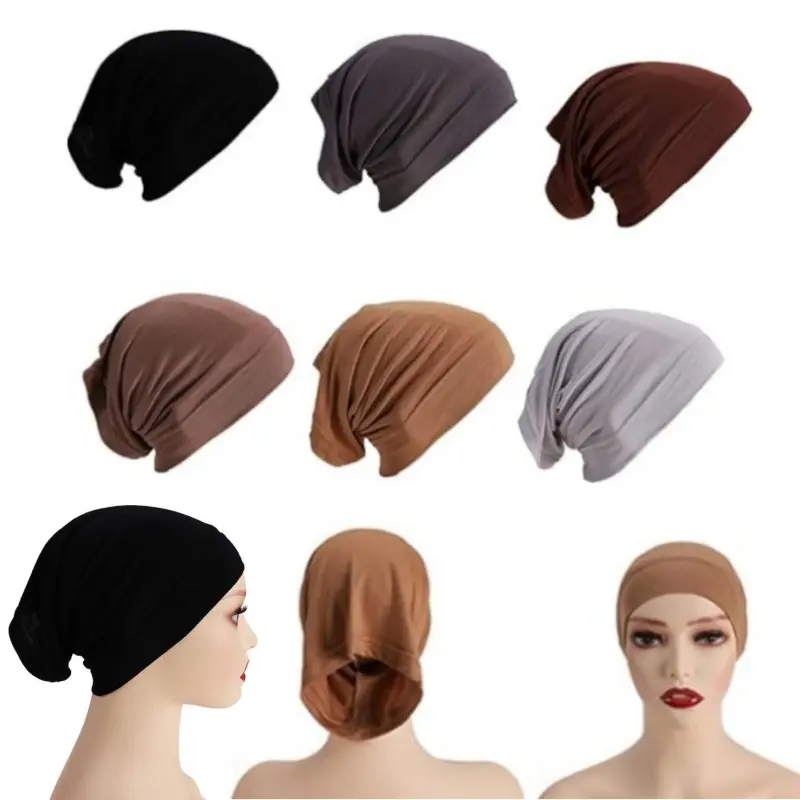 Women's 6-Pack Soft Modal Stretch Undercap Turban, Wide Elastic Female Cap, Breathable Wig Inner Cover for Chemo, Sleep