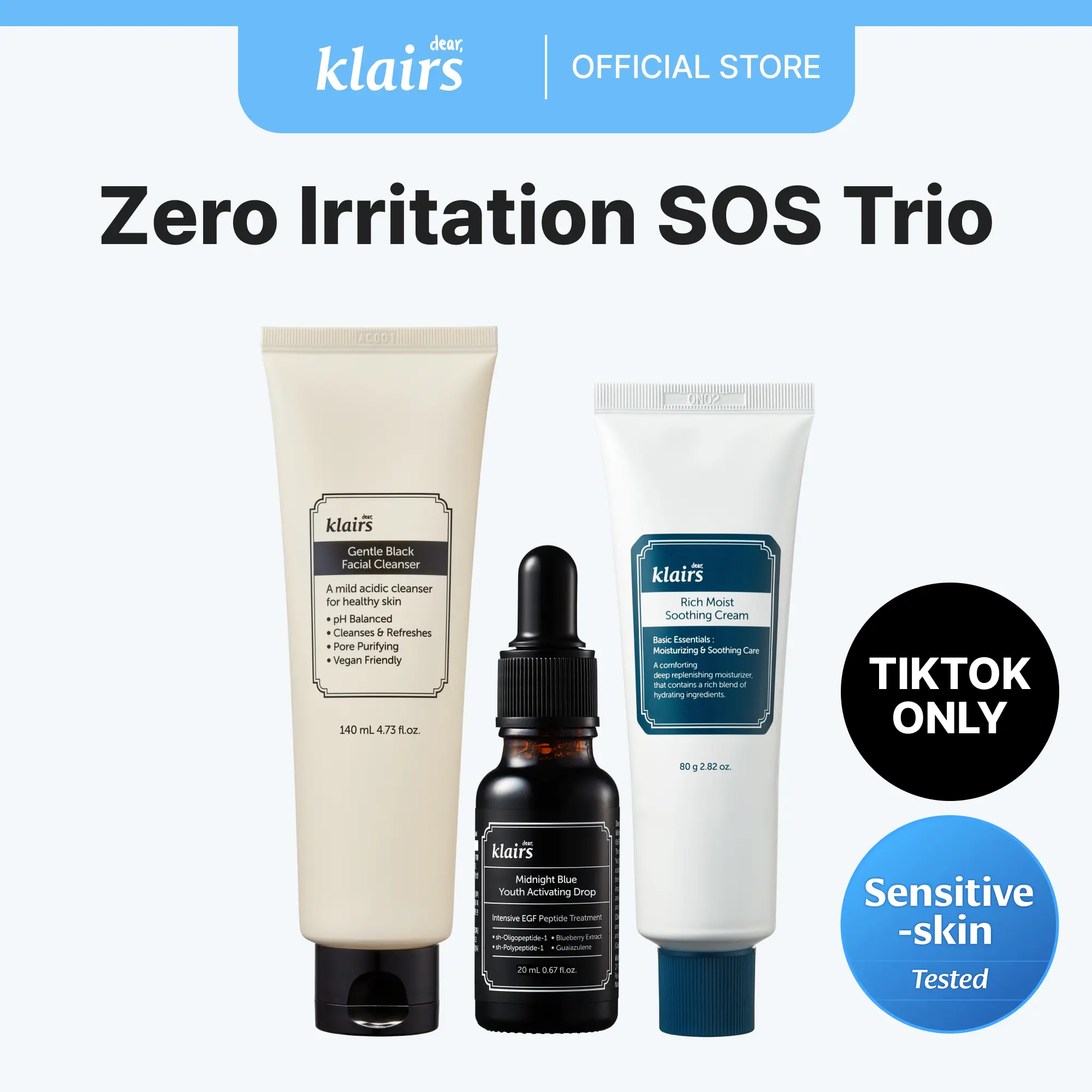 Skin Barrier SOS Trio – TikTok Exclusive, Simple 3-Step | Cleanse. Repair. Protect, Sensitive-skin tested + Eye-safe cleanser Skincare Kit Self-Care Korean Hydrating moisturizing set egf Recovery